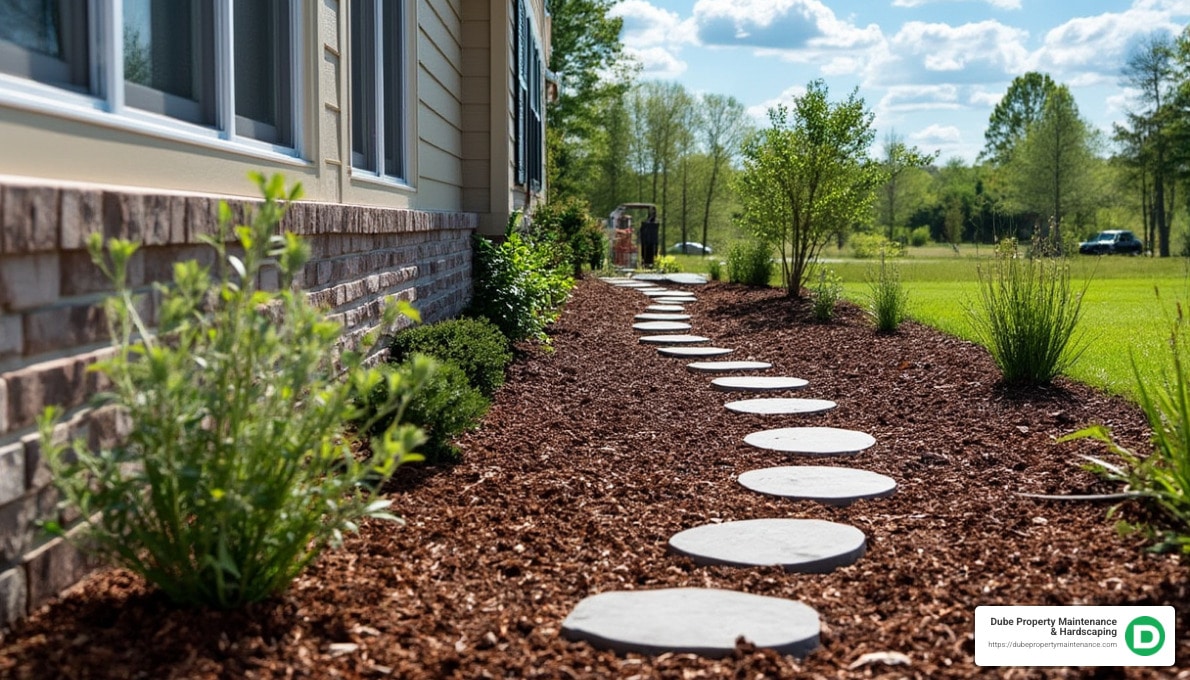 mulch and stepping stone walkway