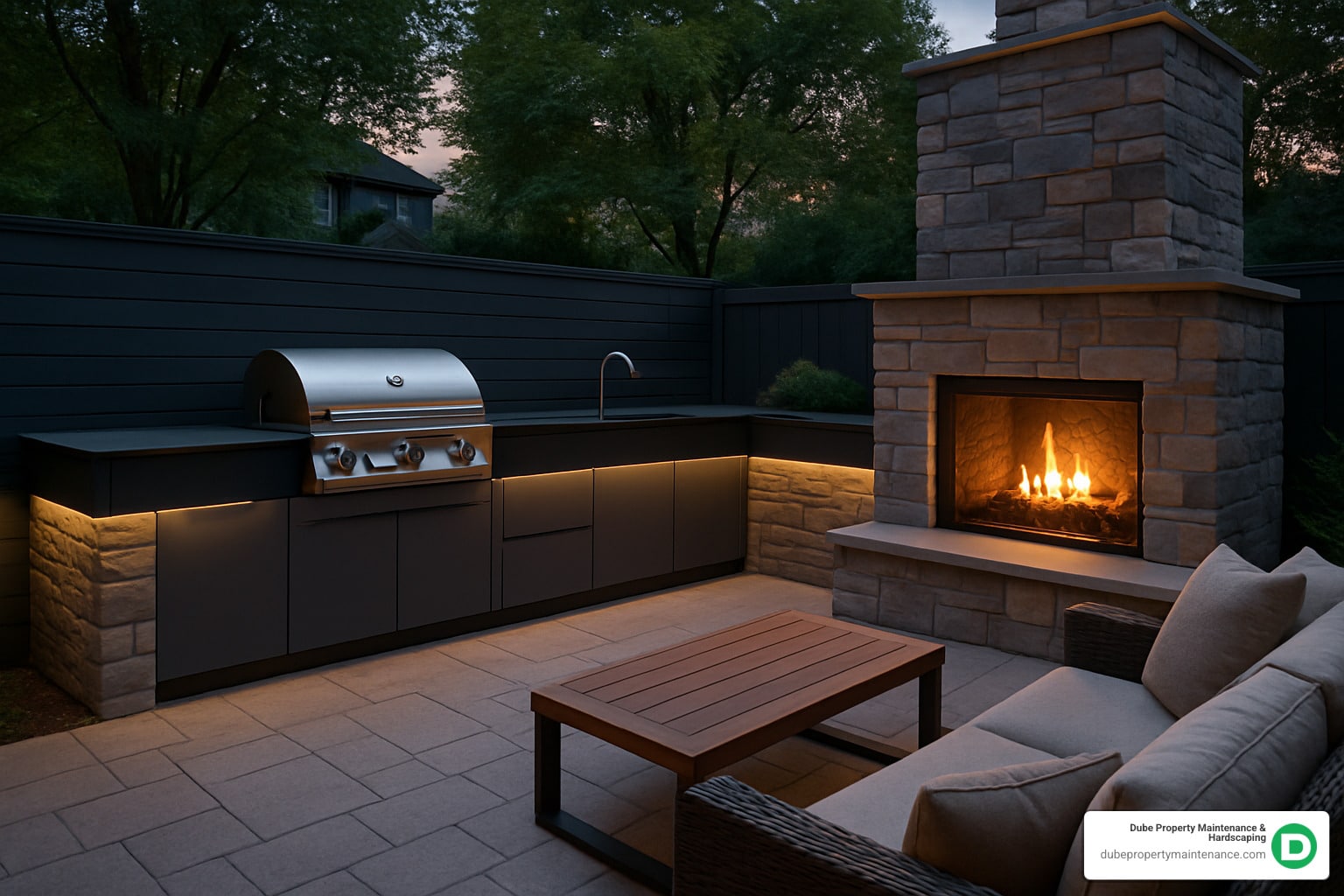 modern outdoor kitchen with fireplace