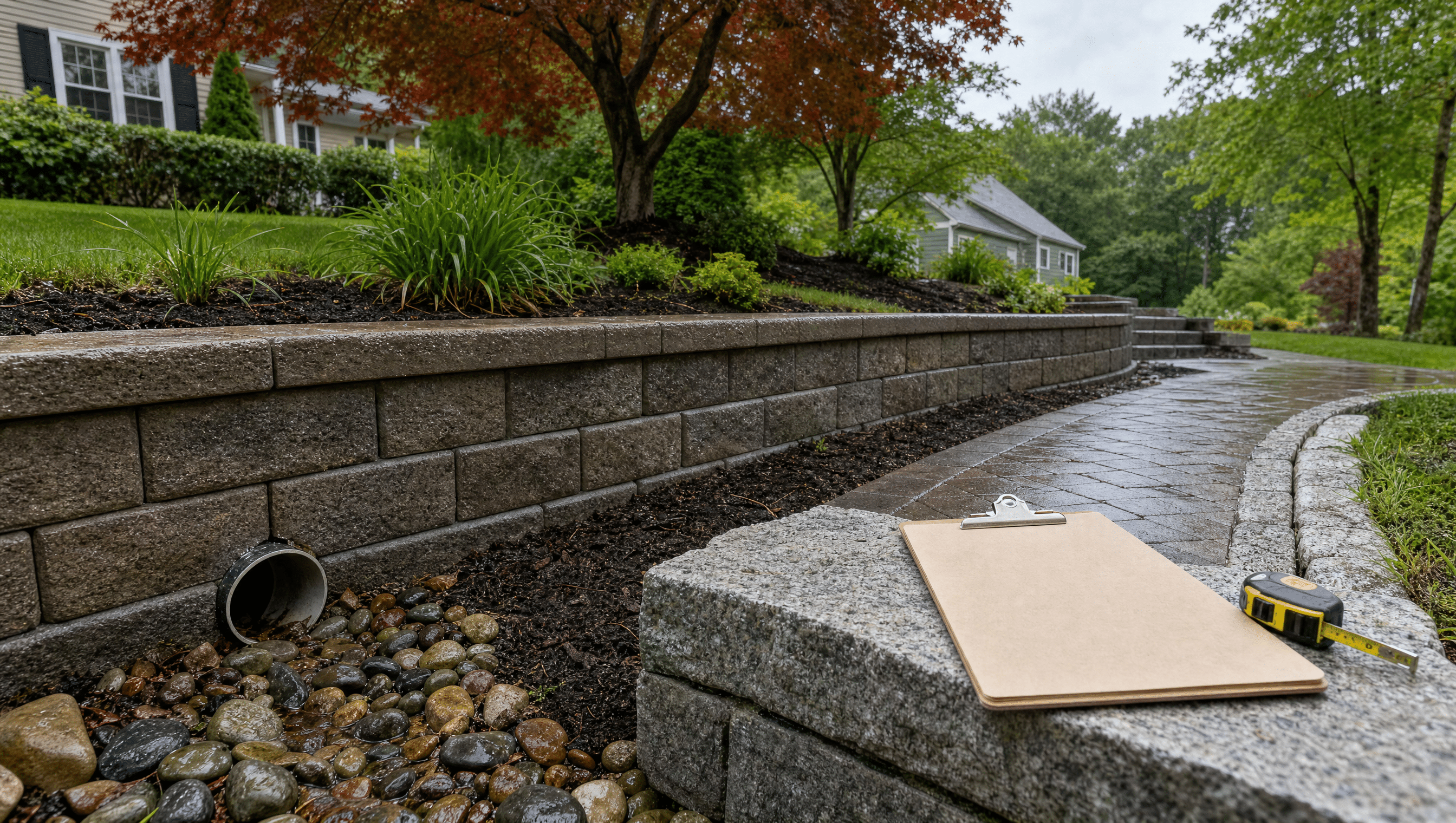 Segmental retaining wall and drainage outlet after rain on a Methuen-area property