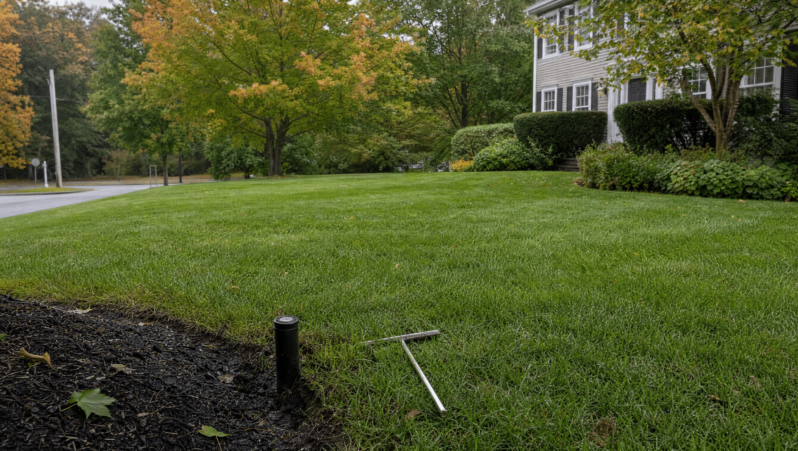 Early-fall Massachusetts lawn with an irrigation head and soil probe